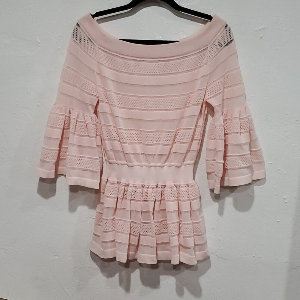Antonino Valenti Light Pink Boat Neck Peplum Top with Bell Sleeve Size M